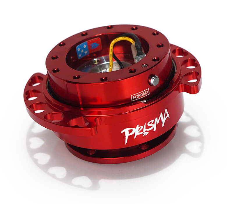NRG Quick Release Kit SRK-222RD-RD with red body, red heart cutout ring, and Prisma logo.