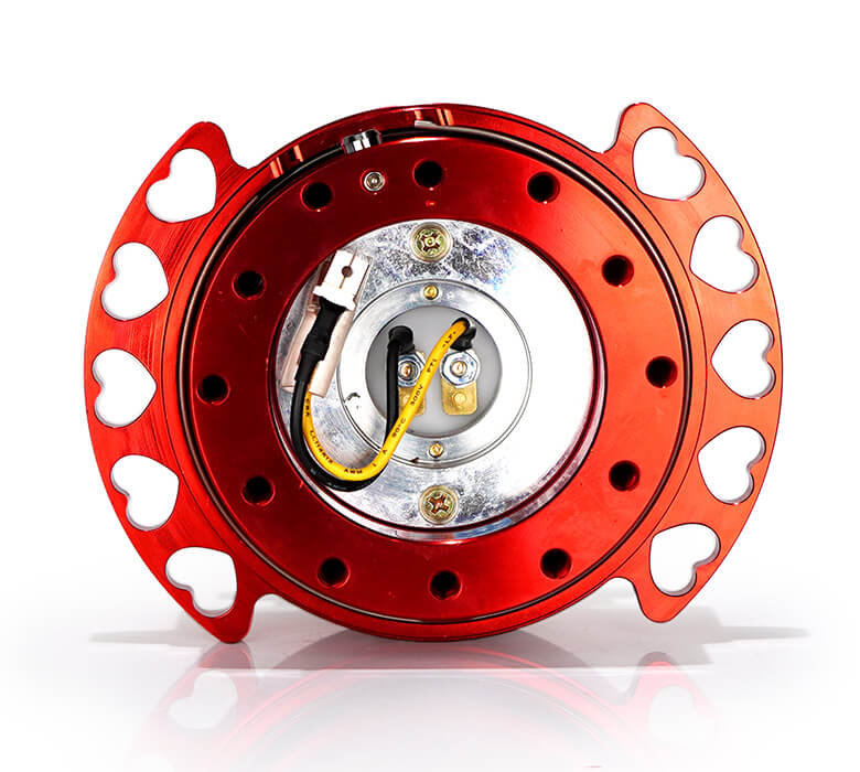 Rear view of NRG Quick Release Kit SRK-222RD-RD showcasing red heart cutout ring and detailed mechanism.