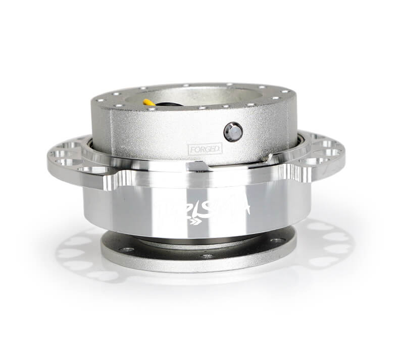 Front view of NRG Quick Release Kit SRK-222SL-SL with silver body, heart cutout ring, and Prisma logo.