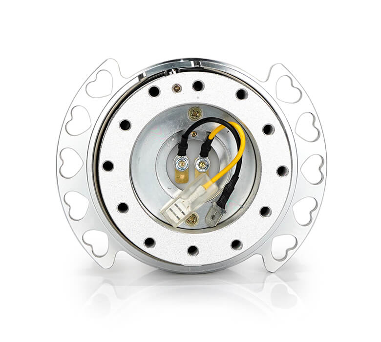 Rear view of NRG Quick Release Kit SRK-222SL-SL showcasing shiny chrome heart cutout ring and detailed mechanism.