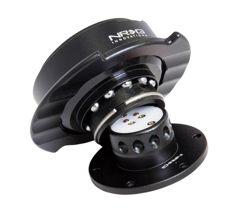 Side view of the NRG Quick Release Kit SRK-250BK - Black Body with Black Ring and finger grooves, highlighting the durable construction and smooth design.