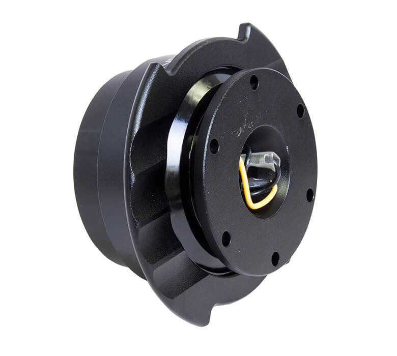 Back view of the NRG Quick Release Kit SRK-250BK - Black Body with Black Ring and finger grooves, emphasizing the robust and secure quick release mechanism.