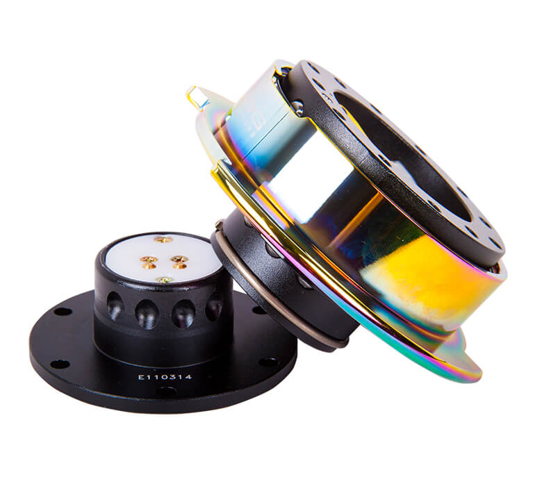 Detailed side view of NRG Quick Release Kit SRK-250BK/MC, highlighting the neo chrome ring and precision engineering.