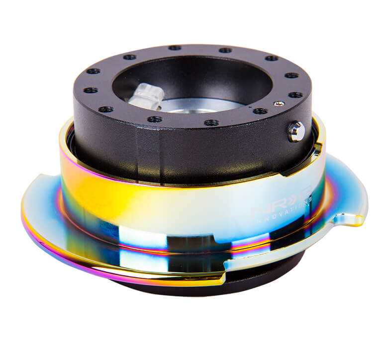 Top perspective of NRG Quick Release Kit SRK-250BK/MC, featuring a black body with a vibrant neo chrome ring for stylish and functional use.