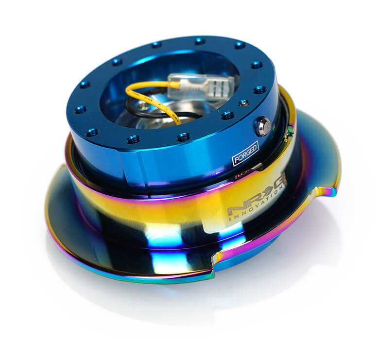 NRG Quick Release Kit SRK-250BL-MC featuring a blue body with a vibrant neo chrome ring, Gen 2.5, highlighting its stylish design and superior craftsmanship.