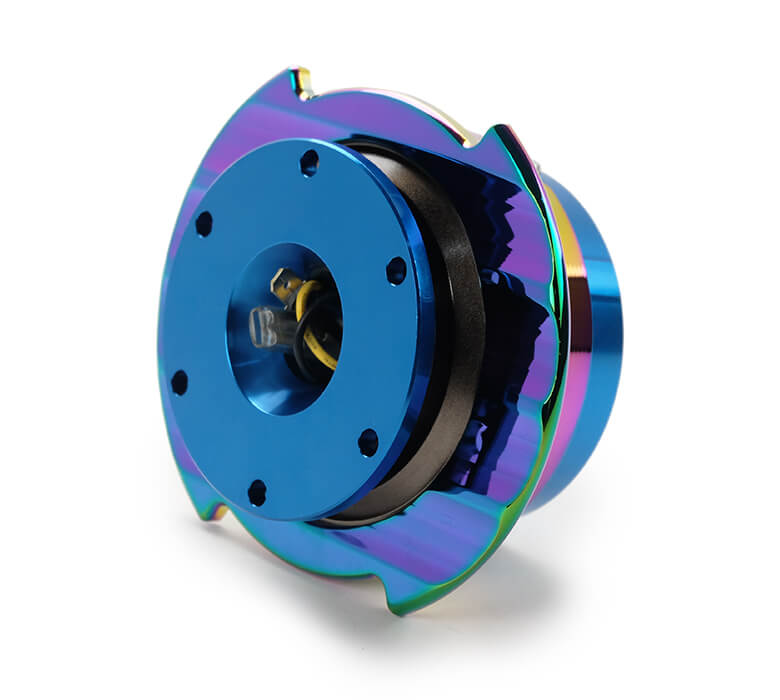 Side view of NRG Quick Release Kit SRK-250BL-MC with blue body and neo chrome ring, Gen 2.5, showcasing the detachable parts and intricate design.