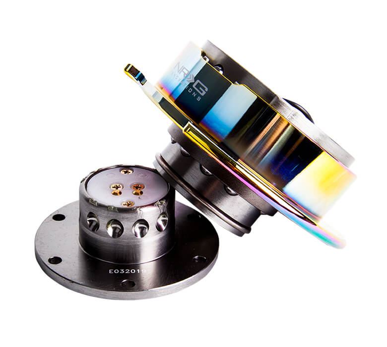 Side view of NRG Quick Release Kit SRK-250GM/MC featuring detachable parts, with gun metal body and neo chrome ring, Gen 2.5.