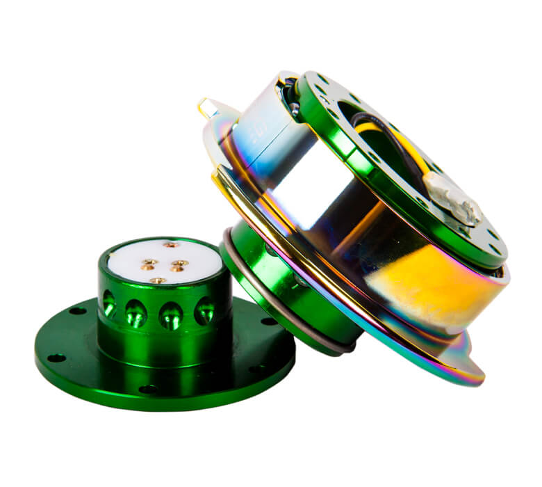 Side view of NRG Quick Release Kit SRK-250GN/MC featuring detachable parts, with green body and neo chrome ring, Gen 2.5.