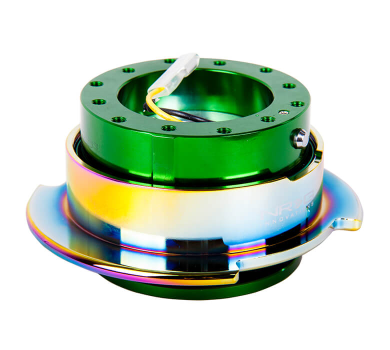 Top view of NRG Quick Release Kit SRK-250GN/MC with green body and neo chrome ring, Gen 2.5, showcasing its sleek construction and high-quality finish.