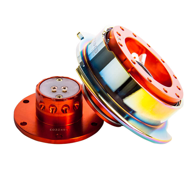 Side view of NRG Quick Release Kit SRK-250OR/MC featuring detachable parts, with orange body and neo chrome ring, Gen 2.5.