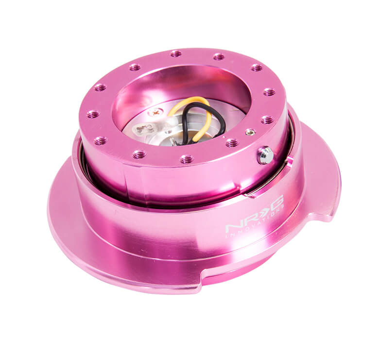 NRG Quick Release Kit SRK-250PK featuring a vibrant pink body with a matching pink ring, Gen 2.5, highlighting its stylish design and superior craftsmanship.