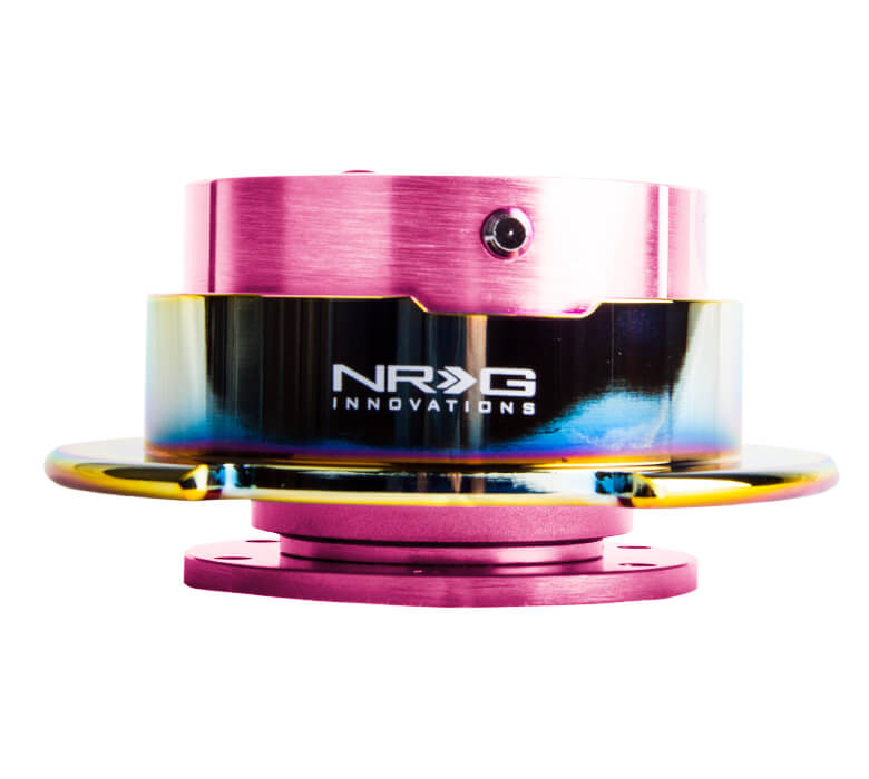 NRG Quick Release Kit SRK-250PK/MC featuring a vibrant pink body with a neo chrome ring, Gen 2.5, highlighting its stylish design and superior craftsmanship.