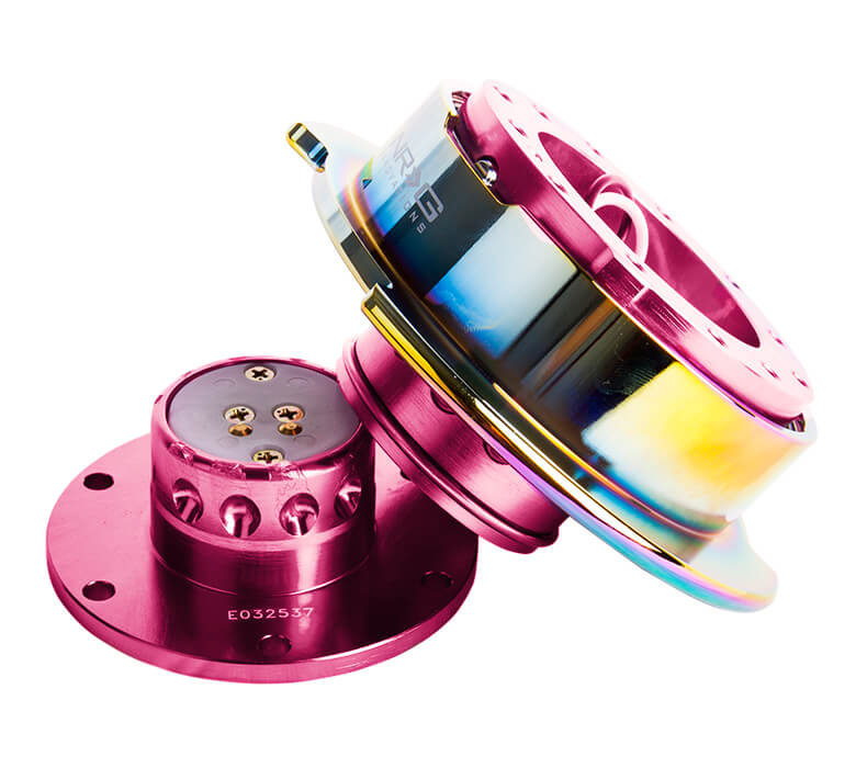 Side view of NRG Quick Release Kit SRK-250PK/MC featuring detachable parts, with pink body and neo chrome ring, Gen 2.5.