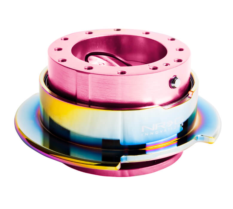 Top view of NRG Quick Release Kit SRK-250PK/MC with pink body and neo chrome ring, Gen 2.5, showcasing its sleek construction and high-quality finish.