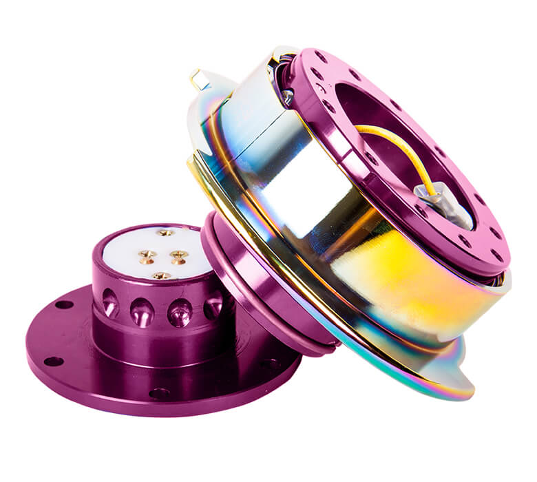 Side view of NRG Quick Release Kit SRK-250PP/MC featuring detachable parts, with purple body and neo chrome ring, Gen 2.5.