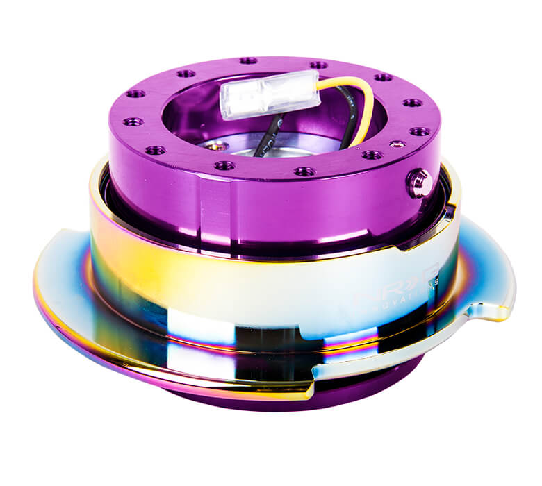 Top view of NRG Quick Release Kit SRK-250PP/MC with purple body and neo chrome ring, Gen 2.5, showcasing its sleek construction and high-quality finish.