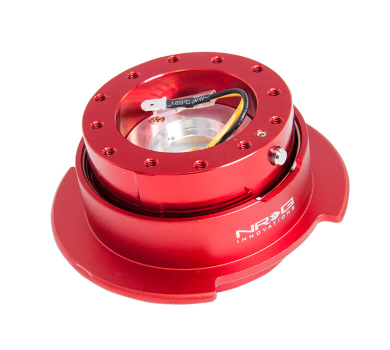NRG Quick Release Kit SRK-250RD featuring a vibrant red body with a matching red ring, Gen 2.5, highlighting its stylish design and superior craftsmanship.