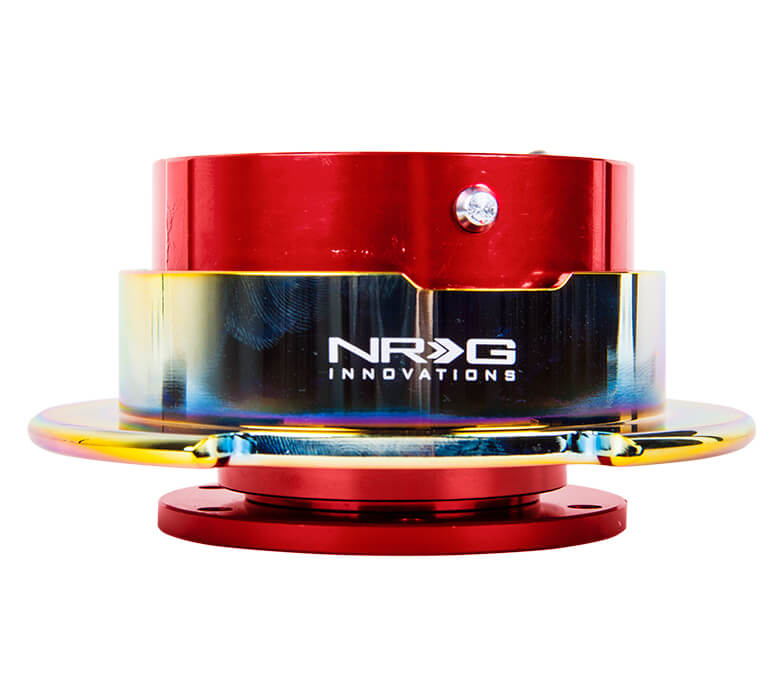 NRG Quick Release Kit SRK-250RD/MC featuring a vibrant red body with a neo chrome ring, Gen 2.5, highlighting its stylish design and superior craftsmanship.