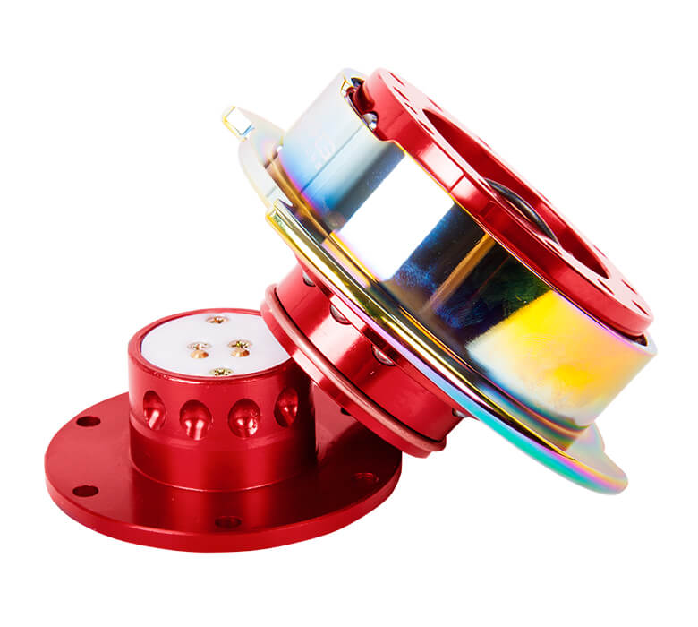 Side view of NRG Quick Release Kit SRK-250RD/MC featuring detachable parts, with red body and neo chrome ring, Gen 2.5.