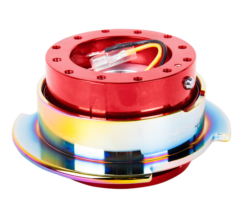 Top view of NRG Quick Release Kit SRK-250RD/MC with red body and neo chrome ring, Gen 2.5, showcasing its sleek construction and high-quality finish.