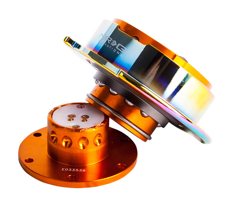 Side view of NRG Quick Release Kit SRK-250RG/MC with rose gold body and neo chrome ring, Gen 2.5, showcasing its detachable parts and high-quality finish.