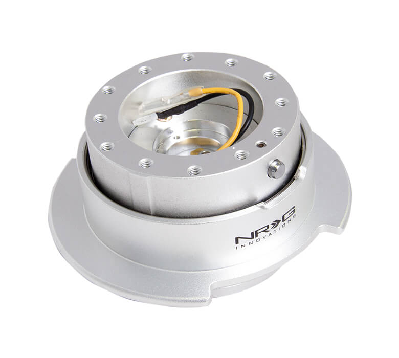 NRG Quick Release Kit SRK-250SL featuring a sleek silver body with a matching silver ring, Gen 2.5, highlighting its stylish design and superior craftsmanship.