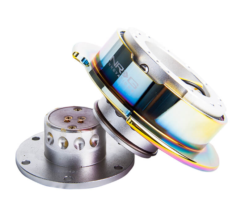 Side view of NRG Quick Release Kit SRK-250SL/MC featuring detachable parts, with silver body and neo chrome ring, Gen 2.5.