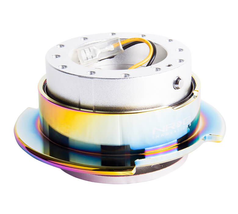 Top view of NRG Quick Release Kit SRK-250SL/MC with silver body and neo chrome ring, Gen 2.5, showcasing its sleek construction and high-quality finish.
