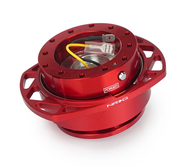 NRG Quick Release Kit SRK-257RD-RD with red body, red cutout ring, and NRG Forged logos.