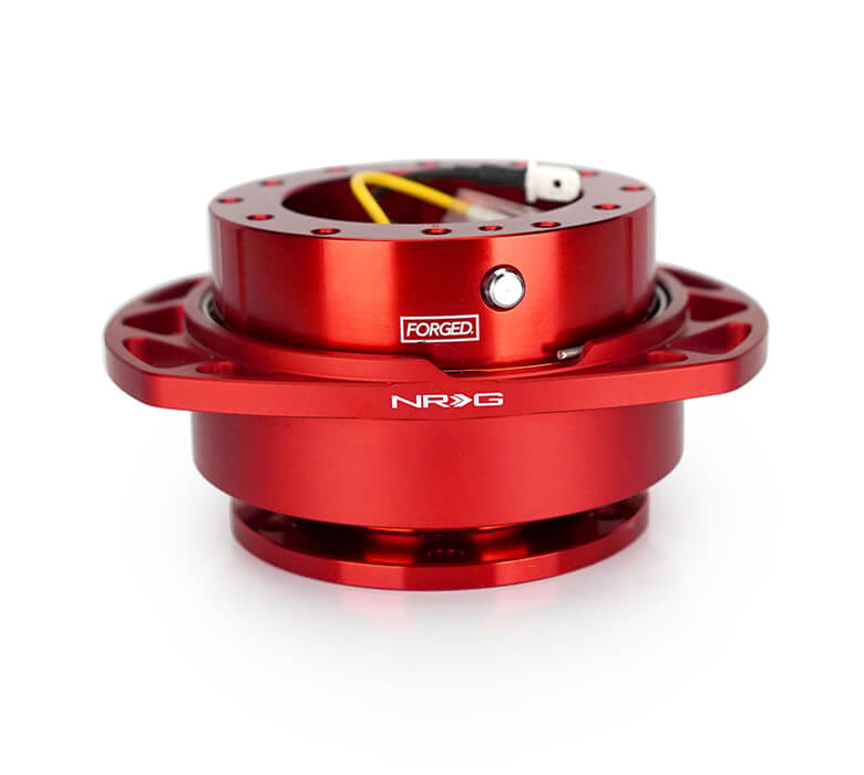 Front view of NRG Quick Release Kit SRK-257RD-RD with red body, cutout ring, and NRG Forged logos.