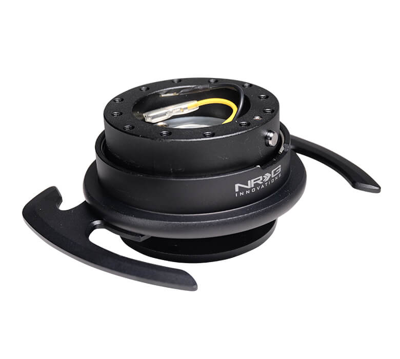 Side view of NRG Gen 4.0 Quick Release Kit SRK-700BK with Black Body, Black Ring, and Handles for Japanese mini trucks