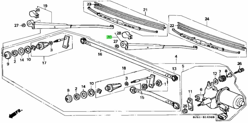 Parts diagram showing passenger side wiper arm and related components for Honda Acty Van HH1, HH2, HH3, HH4 models (1990-1999)