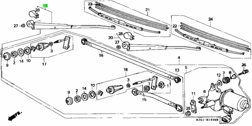 Parts diagram showing driver side wiper arm and related components for Honda Acty Van HH1, HH2, HH3, HH4 models (1990-1999)