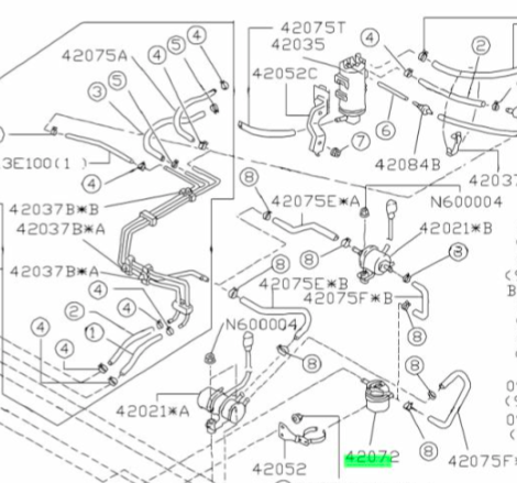 Schematic of Subaru Sambar fuel system, highlighting the fuel filter part for KV3, KV4 models, ensuring optimal performance for 1990-1998 vehicles.