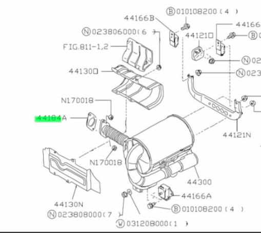 Schematic diagram of exhaust system for Subaru Sambar showing the central placement of the exhaust pipe gasket for models KV3, KV4, from 1990 to 1998.