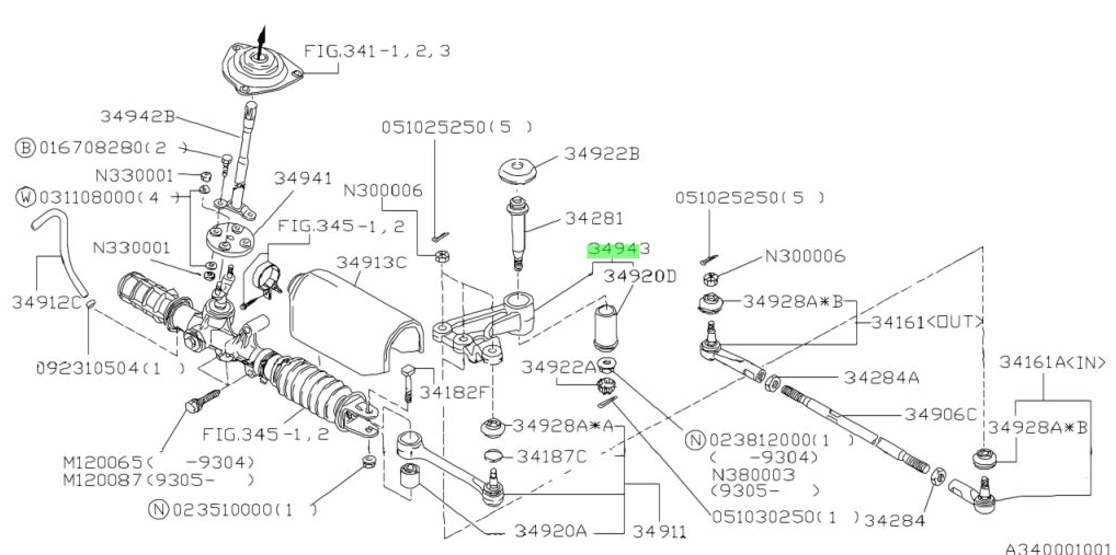 Exploded diagram of the steering assembly in Subaru Sambar Van KV3, KV4 (1990-1998), indicating the position and function of the center steering link within the system.