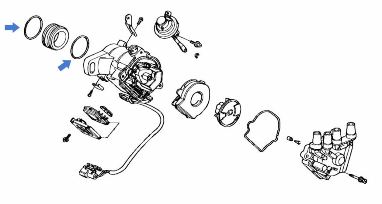 Honda Acty Van HH3, HH4 (1990-1999) Distributor O-Ring Seal Diagram - Exploded view of distributor components with highlighted O-ring placement