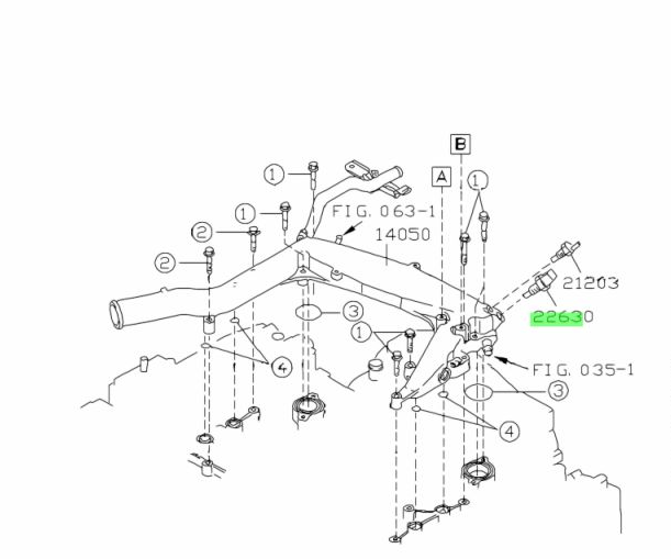 Diagram highlighting the location of the Subaru Sambar Coolant Temperature Sensor in the engine bay - EMPi Supercharged KS3, KS4 models 1990-1998.