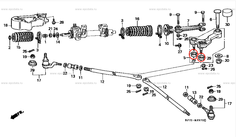 Exploded diagram of the steering assembly for Honda Acty Van HH3, HH4 (1990-1999), illustrating the placement of the ball joint boots within the steering system.
