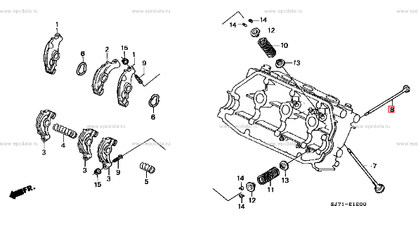 Honda Acty HH3, HH4 Exhaust Valve diagram (1990-1999), outlining the valve placement in rocker cover assembly.