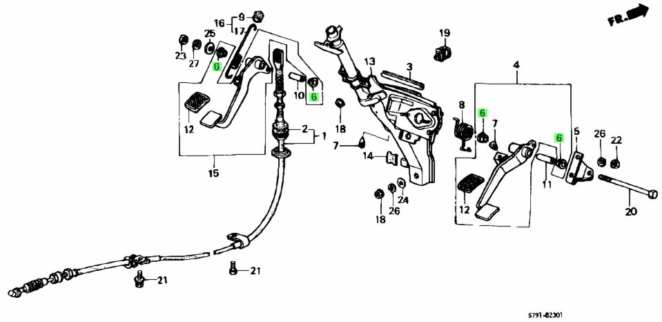 Illustrative diagram highlighting the installation points of brake and clutch pedal bushes on Honda Acty HH3, HH4 models, circled in blue for easy identification.