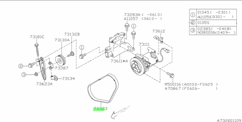 Diagram highlighting the placement of the alternator belt on Subaru Sambar KV3, KV4 models with carbureted engines and AC.