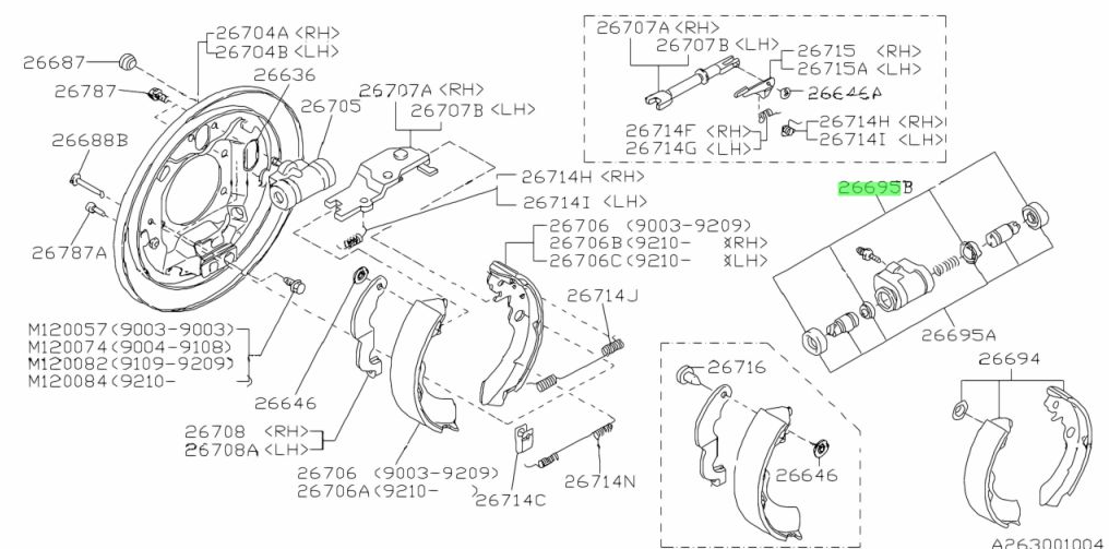Subaru Sambar rear brake wheel cylinder parts diagram, showcasing replacement parts for KV3 and KV4 models.