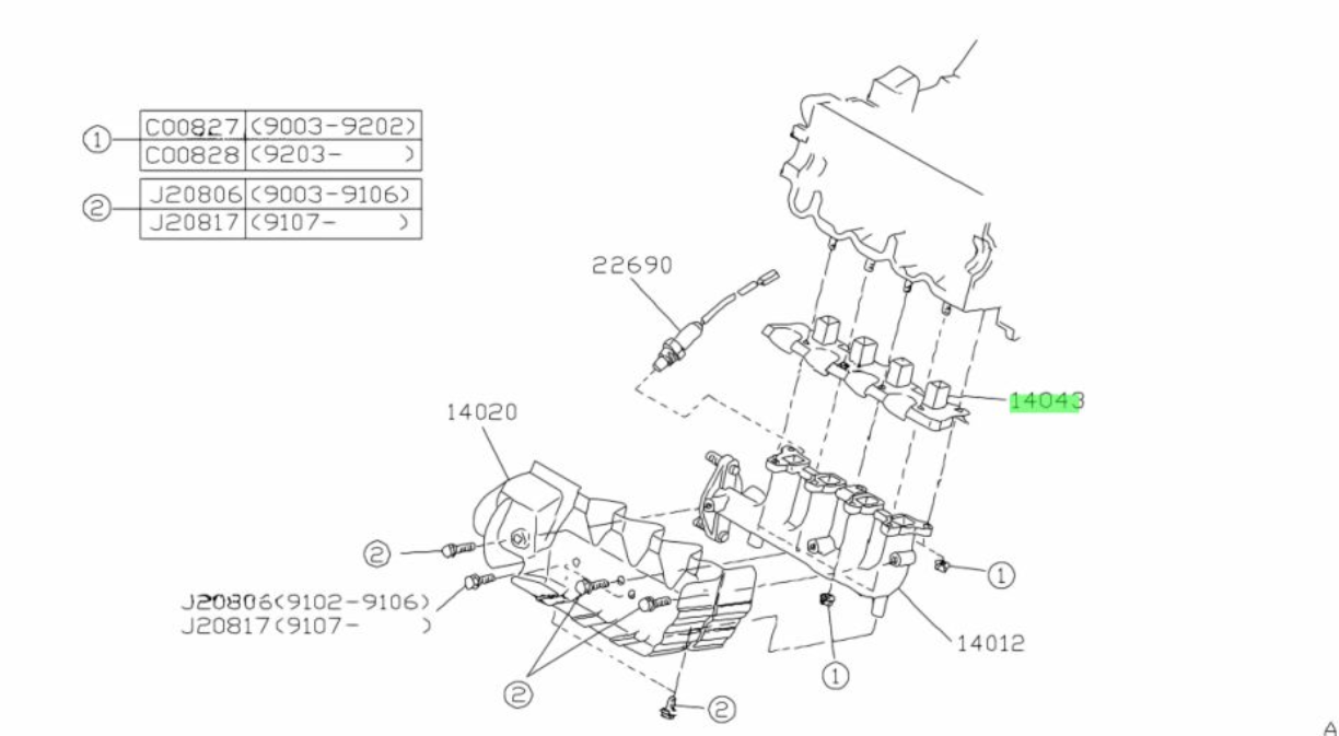 Diagram illustrating the placement of the exhaust manifold gasket and heat shield in Subaru Sambar models KV3, KV4, for the years 1990 to 1998, part for efficient engine operation.