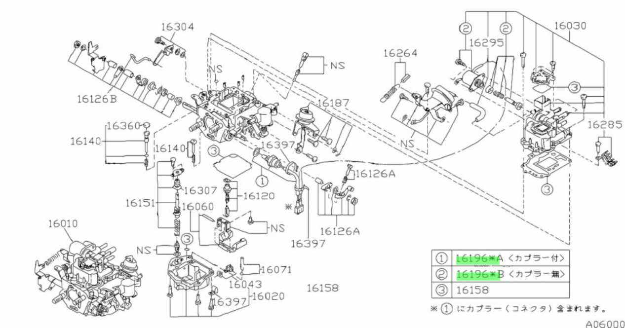 Engine schematic diagram indicating the position of the fuel cutoff solenoid in Subaru Sambar KS3, KS4 models, part of the fuel system for years 1990-1998.