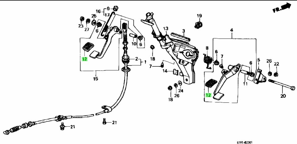 Brake and clutch pedal rubber pads indicated on diagram for Honda Acty Van HH3, HH4 (1990-1999), designed for easy installation and improved traction.
