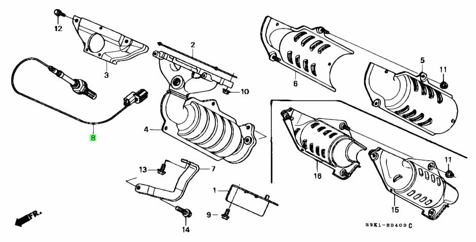 Oxygen O2 Sensor Technical Exploded Diagram for Honda Acty Truck HA8, HA9 Models (2009-2022) featuring a metallic body with a blue wire and connector.