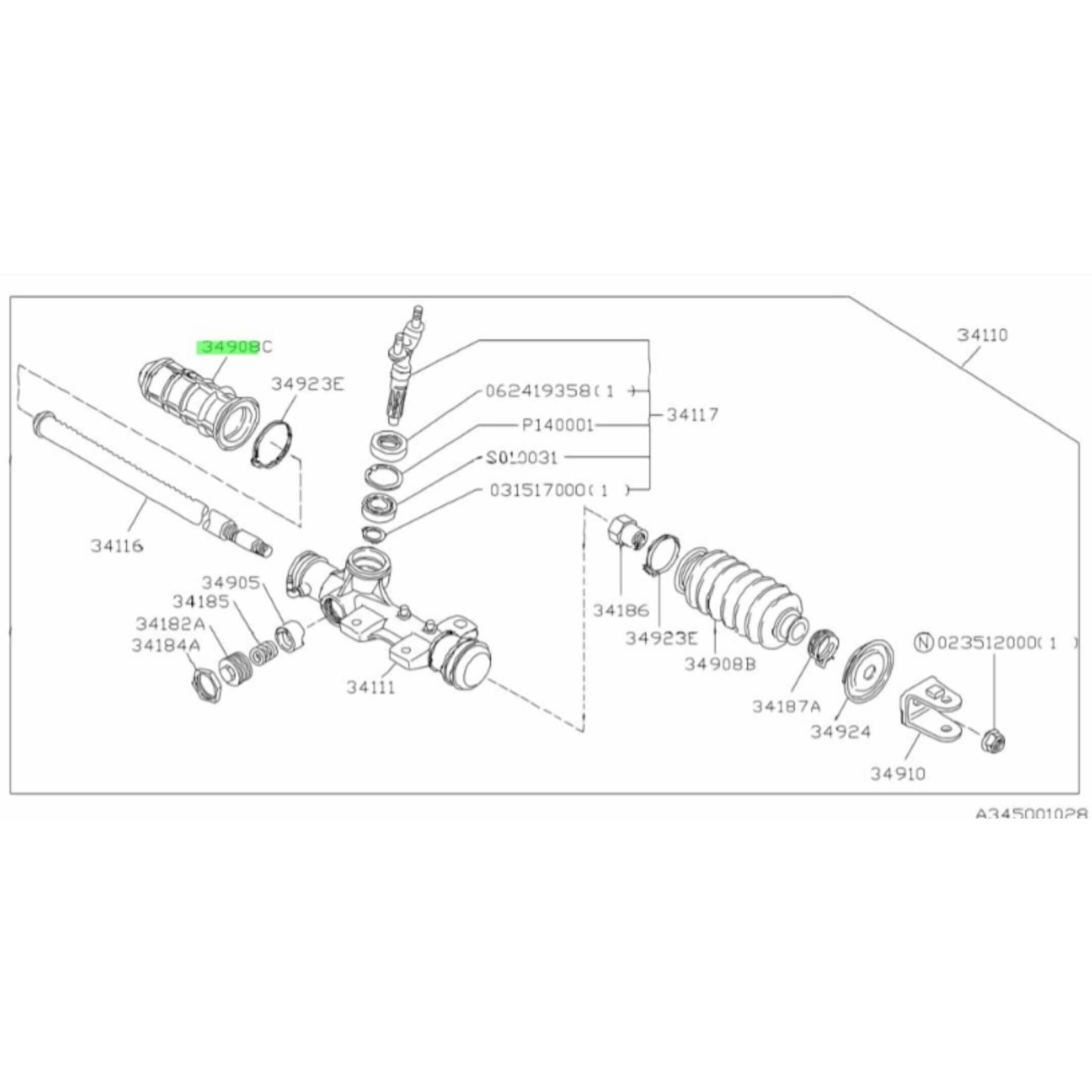 Technical diagram of a Steering Rack Boot - RH for Subaru Sambar Wagon TW1, TW2 Models (1999-2012), showcasing detailed parts layout and assembly.