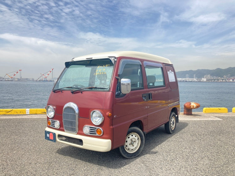 1995 Subaru Sambar KV4 van in red and white, featuring classic retro styling, exterior details, and perfect for restoration, upgrades, and parts.
