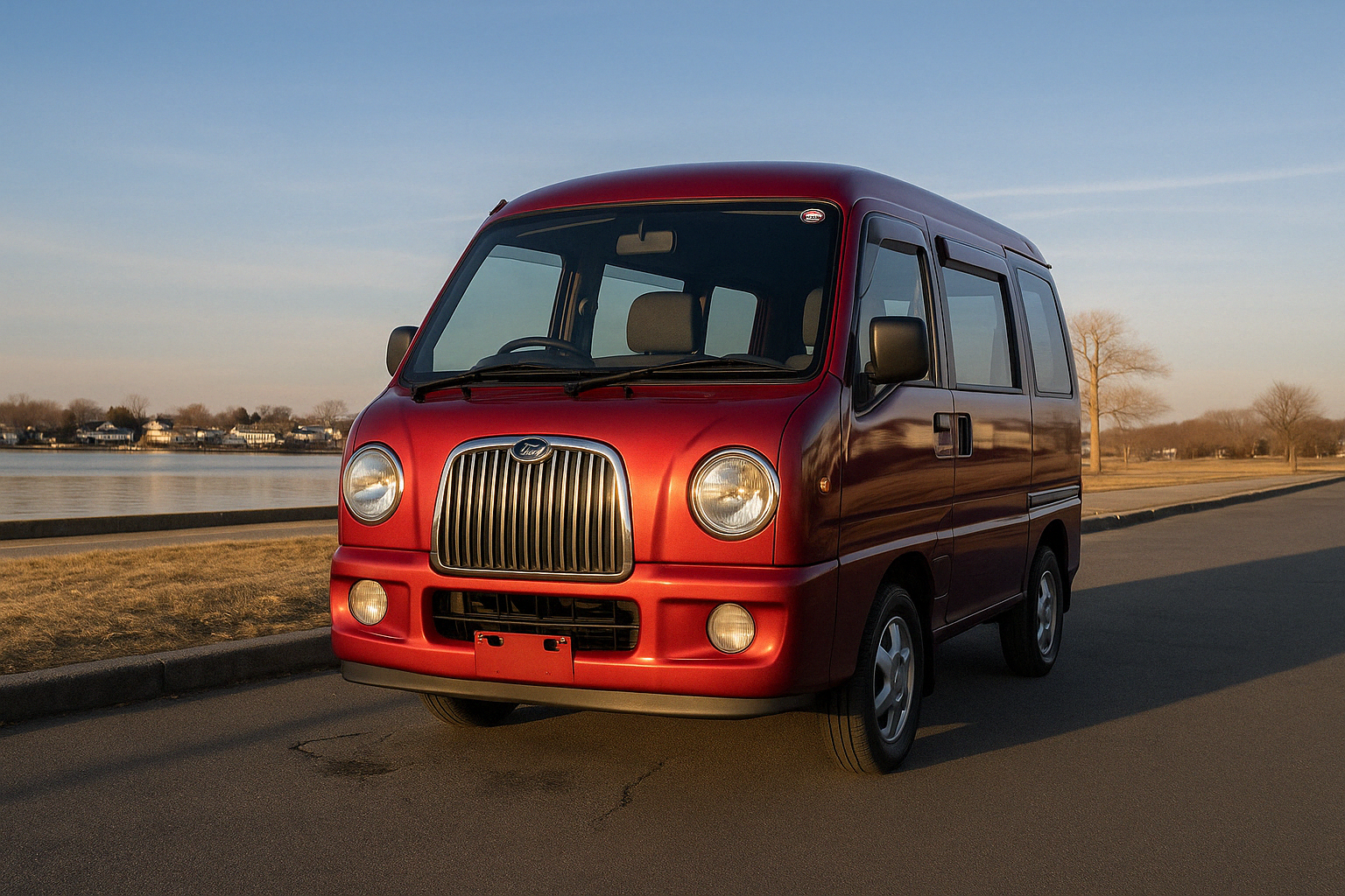 1999 Subaru Sambar TW2 Van in vibrant red with retro-style front grille, showcasing clean body lines and classic kei van design, ideal for parts and restoration.